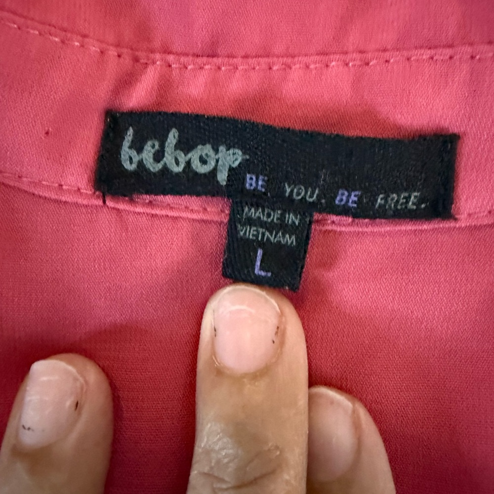 Bebop Pink Button Front Shirt Dress Drawstring Waist Roll Tab Sleeves - Size L - Picture 7 of 8